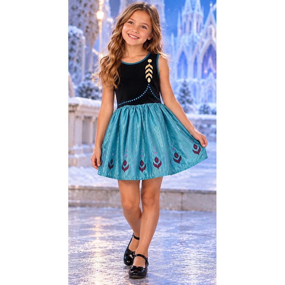 Disney Frozen II Anna Girls Dress Size 10/12 Black Teal Princess Costume Dress